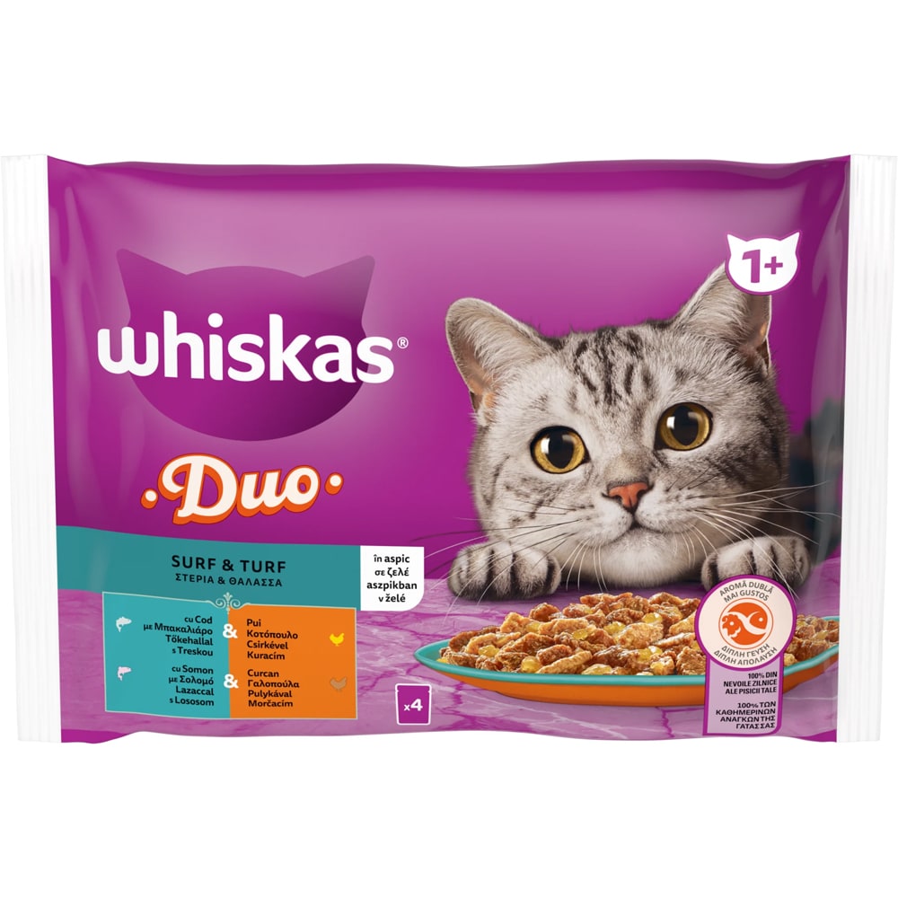 Hrana umeda pentru pisici WHISKAS Duo Surf and Turf, Adult, Mix in aspic, 4 x 85 g