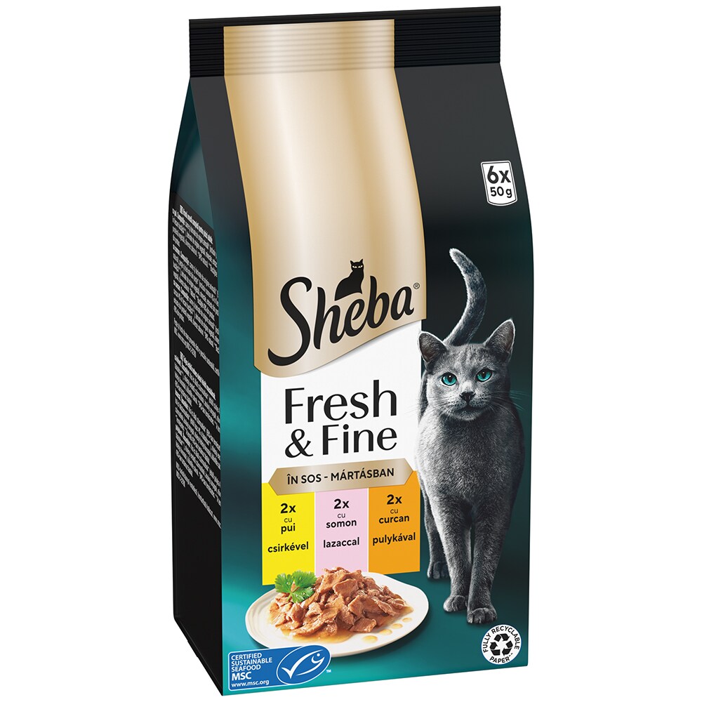 Hrana umeda pentru pisici SHEBA Fresh&Fine, Adult, Mix in sos, 12 x 6 x 50 g