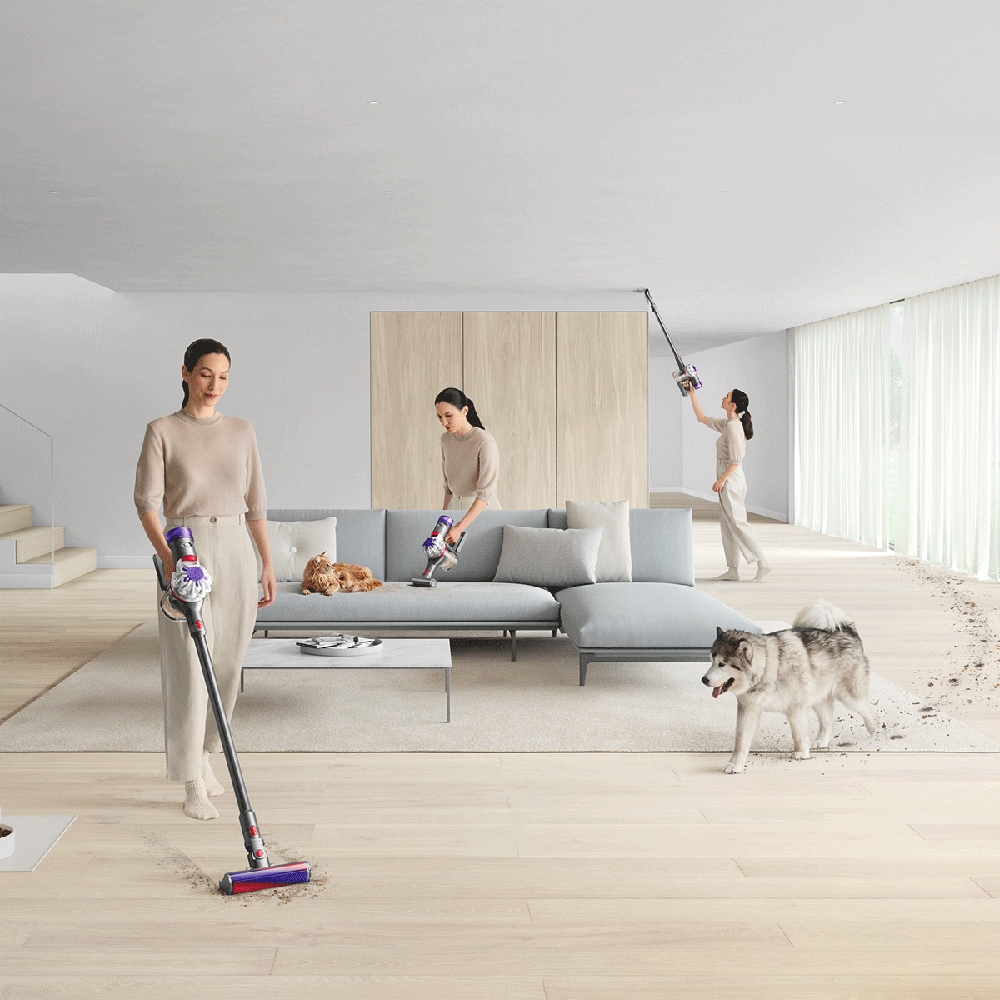 Aspirator vertical DYSON V8, 0.54l, 21.6V, autonomie max 40 min, Sistem Point&Shoot, argintiu-mov