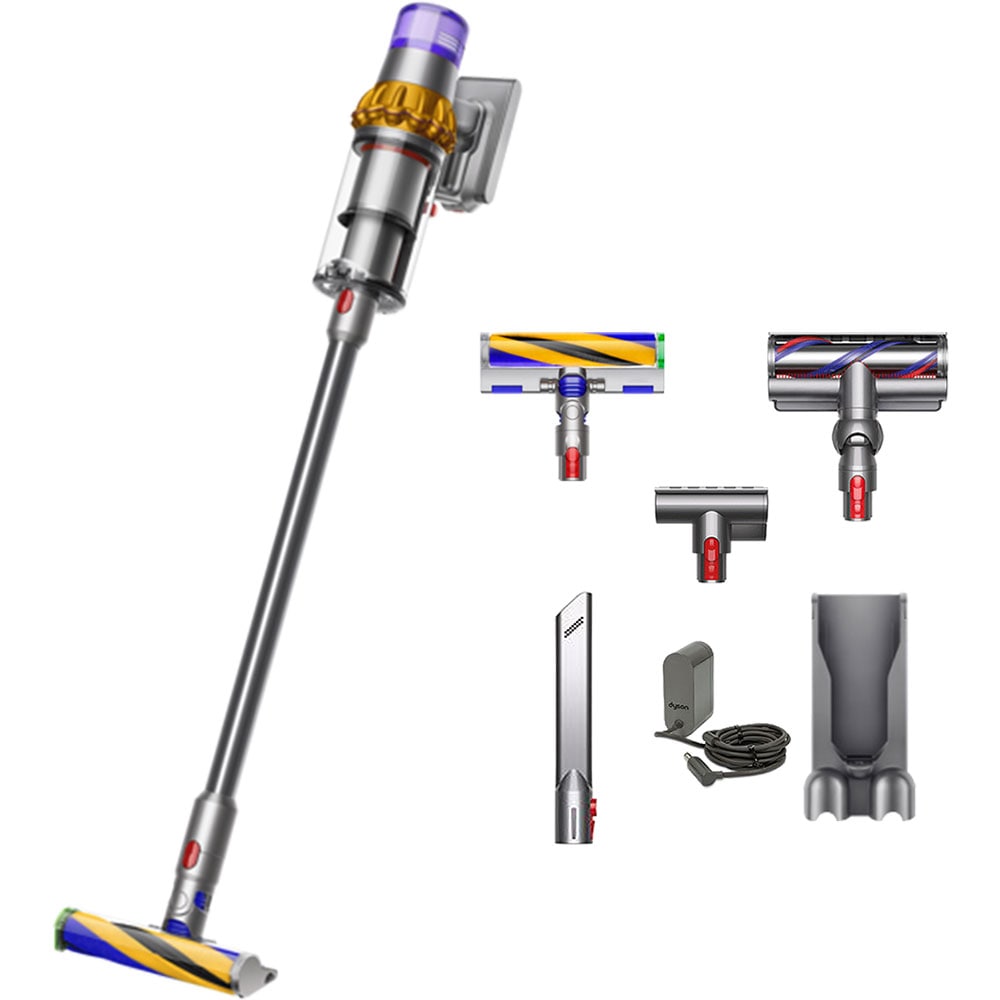Aspirator vertical DYSON V15 Detect Absolute 49471901, 0.76l, autonomie max 60 min, Senzor Piezo, argintiu-galben