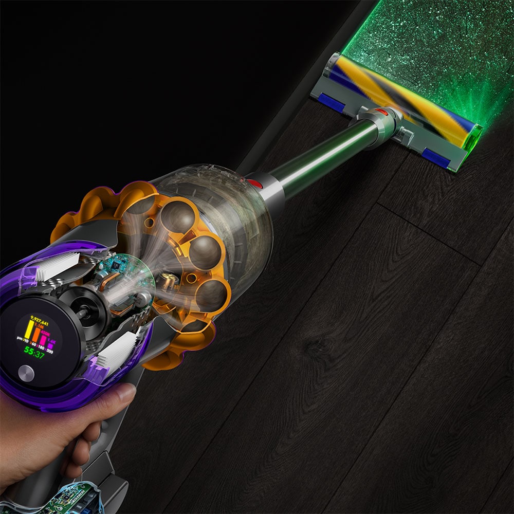 Aspirator vertical DYSON V15 Detect Absolute 49471901, 0.76l, autonomie max 60 min, Senzor Piezo, argintiu-galben