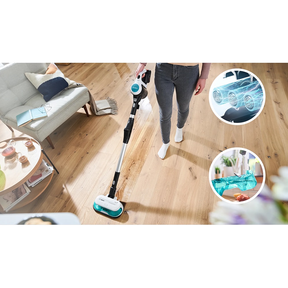 Aspirator vertical 2in1 BOSCH Unlimited 7 ProHygienic Aqua BCS712HYG5, 0.3l, 18V, autonomie max 80 min, alb-negru