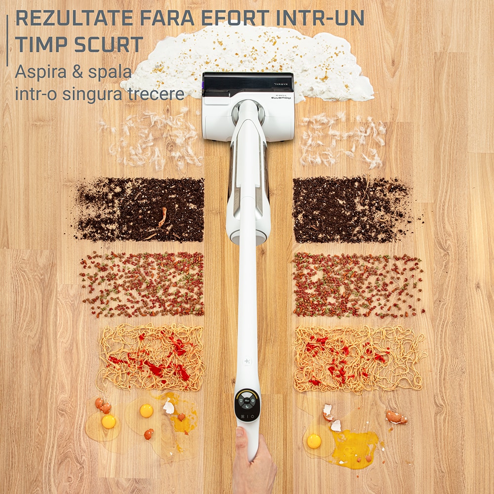 Aspirator vertical cu spalare ROWENTA All In One X-Clean 10 GZ7035WO, 0.79l, 27V, autonomie max 60 min, functie uscare, alb-negru