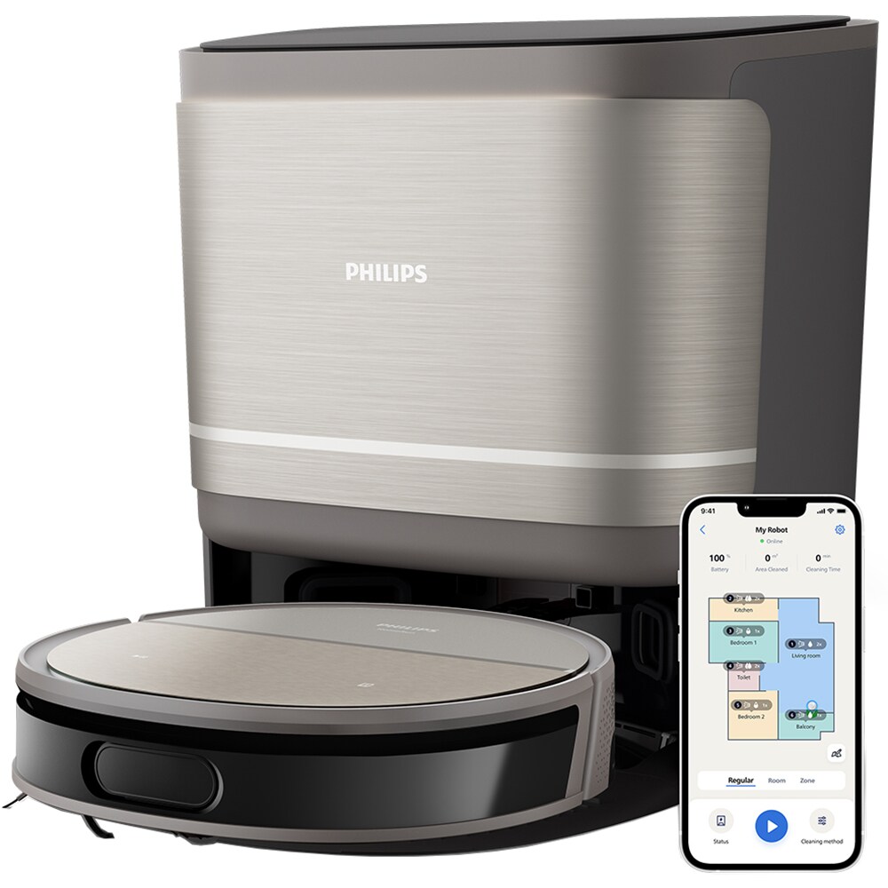 Aspirator robot PHILIPS HomeRun Seria 9000 XU9100/10, 0.22l, 14.4V, autonomie max 280 min, Wi-Fi, PowerCyclone Aqua, argintiu-negru