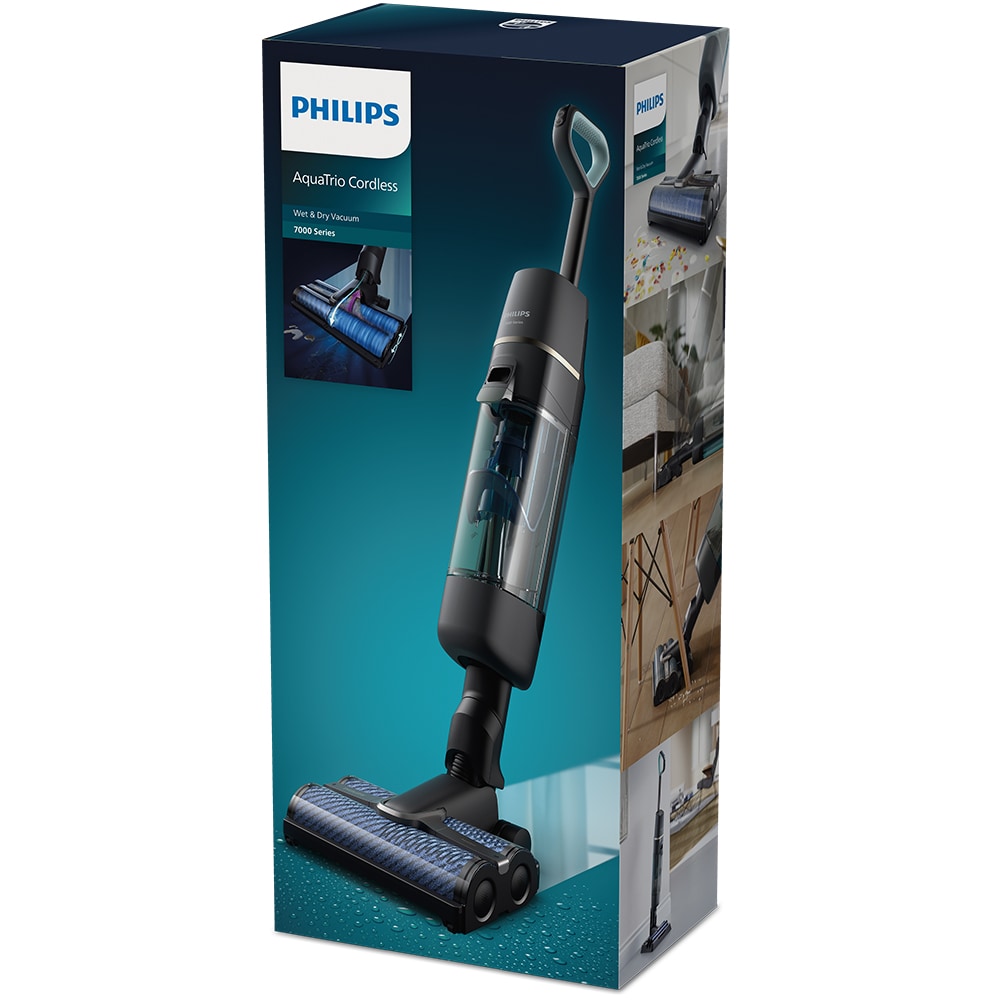 Aspirator vertical PHILIPS AquaTrio Seria 7000 XW7110/01, 0.67l, 25.9V, autonomie max 25 min, sistem Aqua Diffusion, negru-albastru