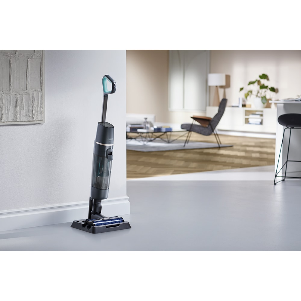 Aspirator vertical PHILIPS AquaTrio Seria 7000 XW7110/01, 0.67l, 25.9V, autonomie max 25 min, sistem Aqua Diffusion, negru-albastru