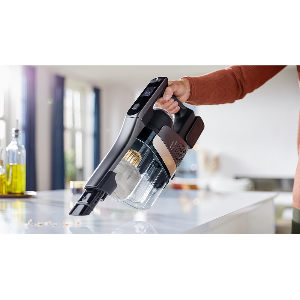 Aspirator vertical PHILIPS AquaTrio Seria 9000 XW9383/01, 0.45l, 25.2V, autonomie max 45 min, PowerCyclone, negru-albastru