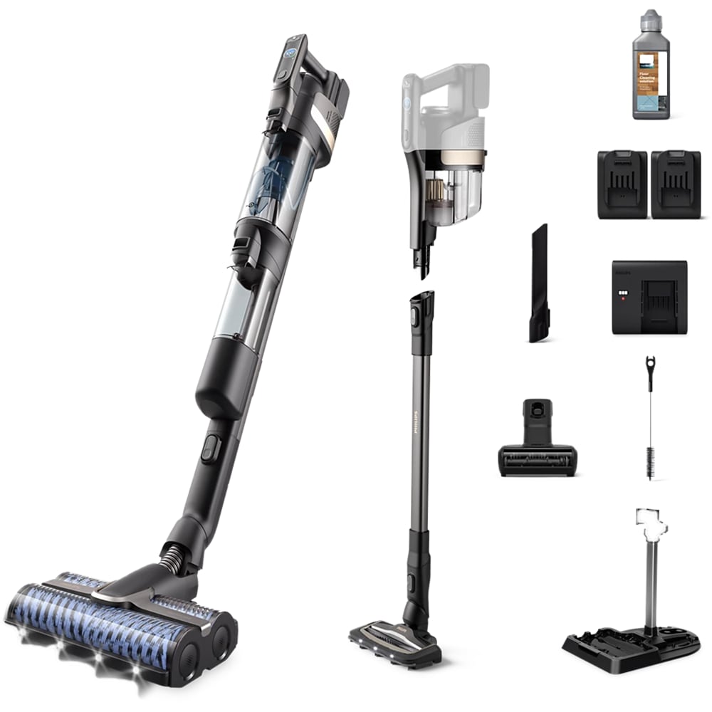 Aspirator vertical PHILIPS AquaTrio Seria 9000 XW9465/11, 0.84l, 25.2V, autonomie max 90 min, PowerCyclone Aqua, negru-alb