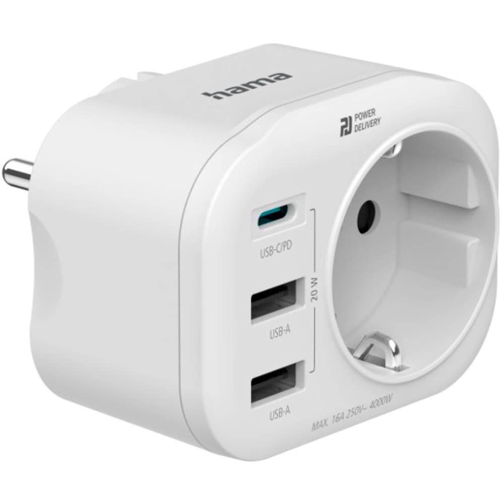 Adaptor priza HAMA 223342, USB-C, USB-A, Schuko, alb