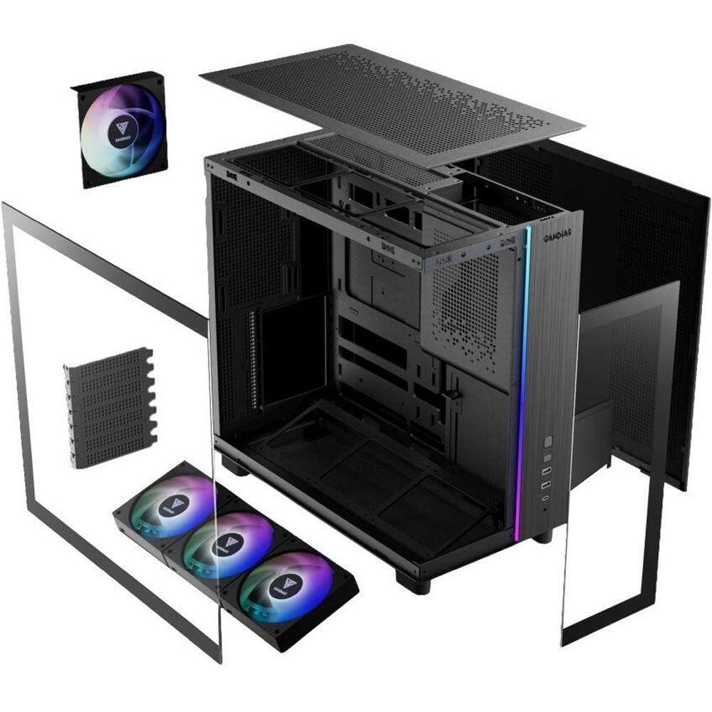 Carcasa PC GAMDIAS ATLAS M4, USB 3.0, USB Type C, Fara sursa, iluminare ARGB, negru