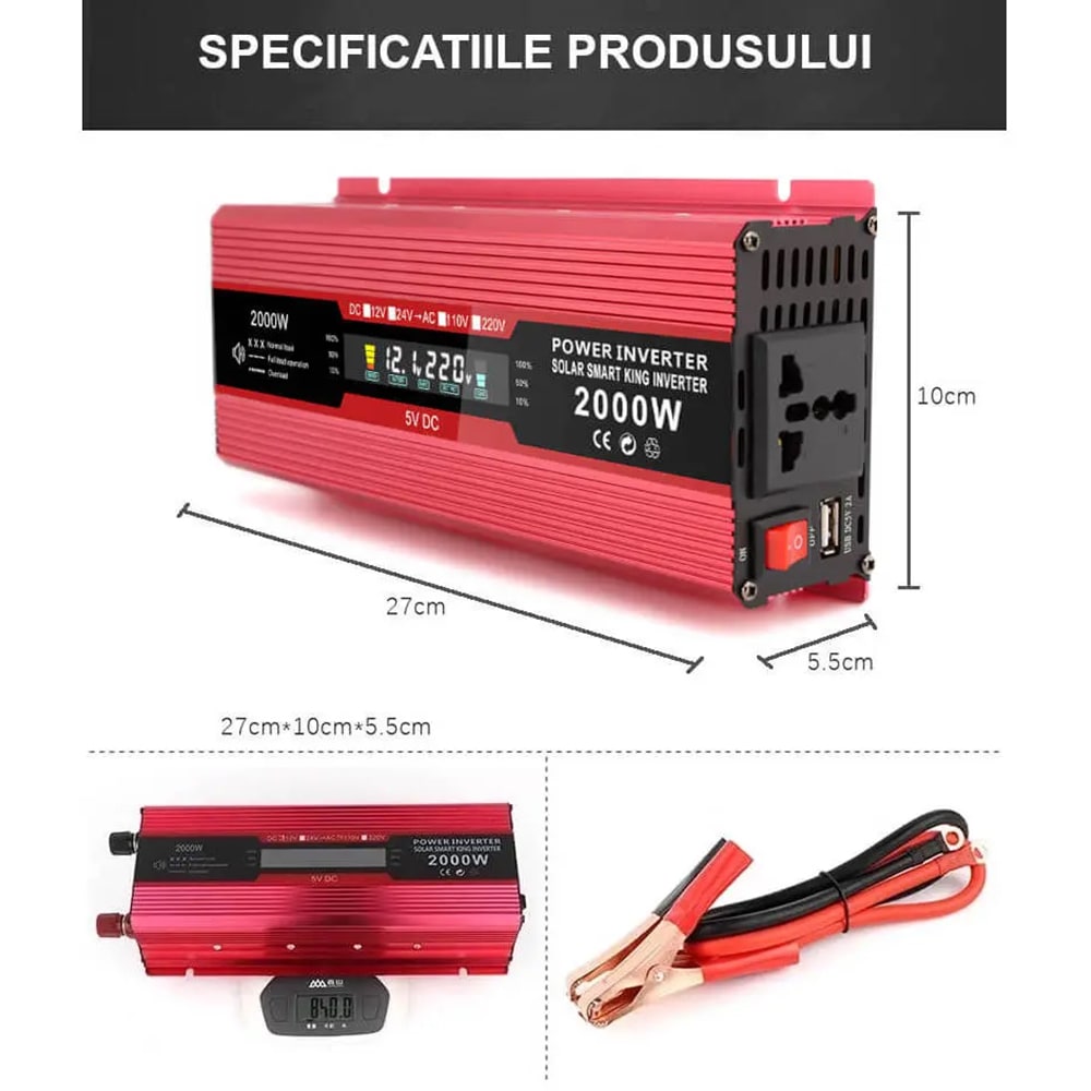 Invertor de tensiune CARMAER 12000R, 2000W, 12V, 220V