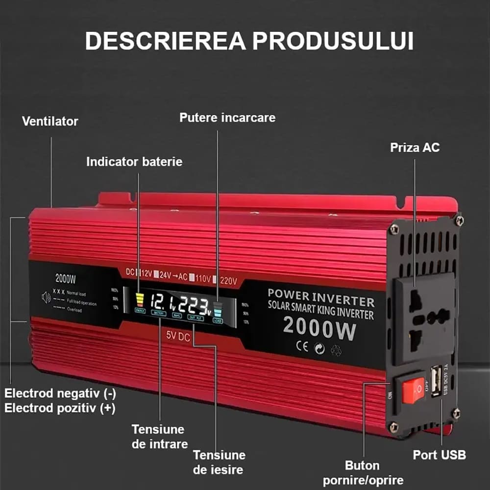 Invertor de tensiune CARMAER 12000R, 2000W, 12V, 220V