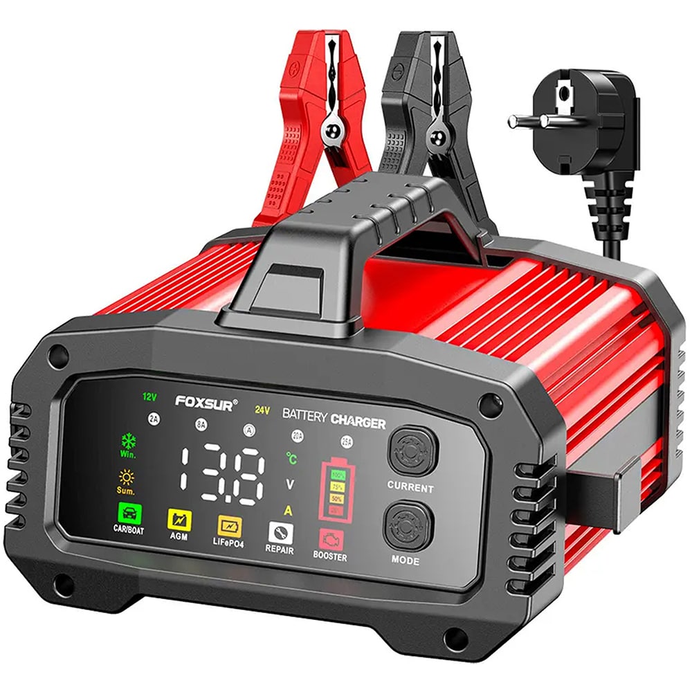 Redresor auto FOXSUR 12250R, 12V 25A, 24V 25A, rosu