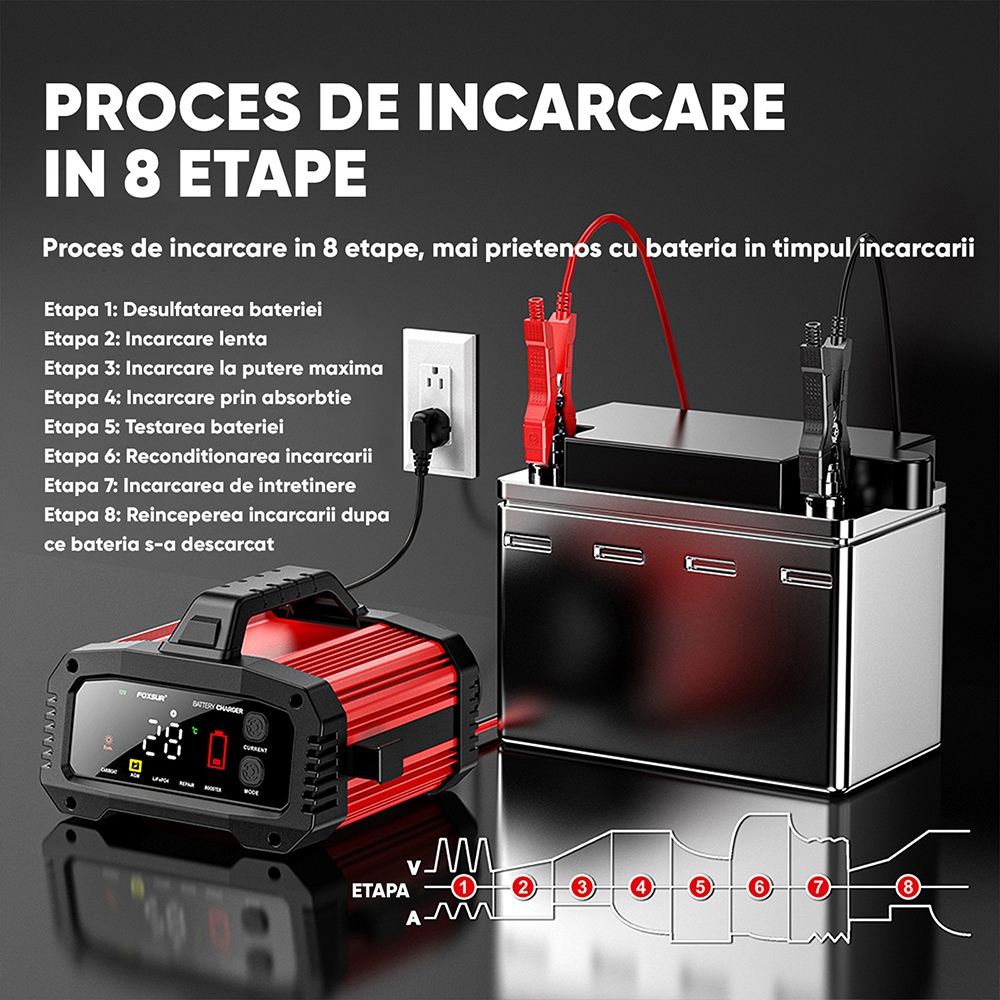 Redresor auto FOXSUR 12250R, 12V 25A, 24V 25A, rosu