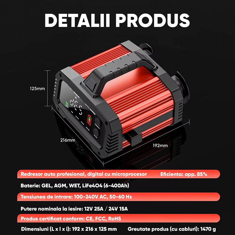 Redresor auto FOXSUR 12250R, 12V 25A, 24V 25A, rosu