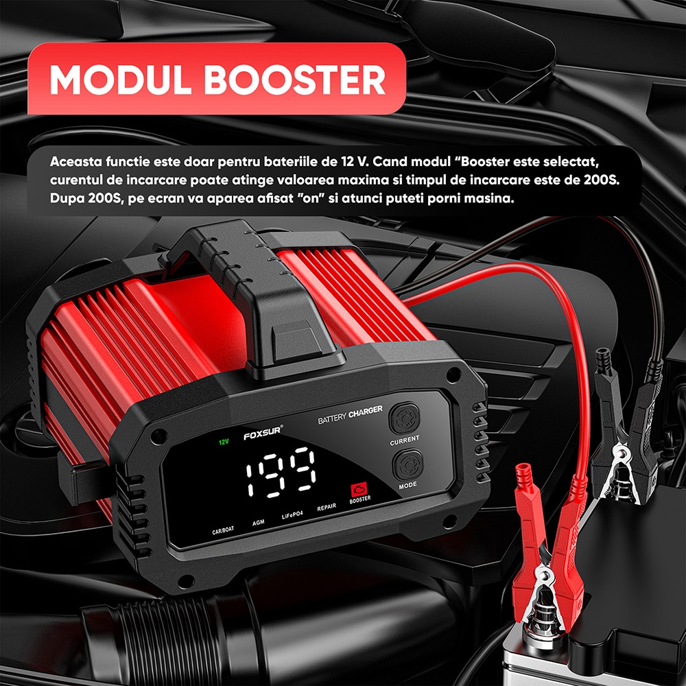 Redresor auto FOXSUR 12250R, 12V 25A, 24V 25A, rosu