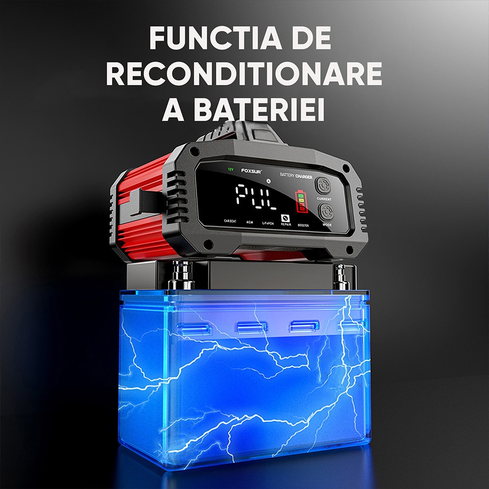 Redresor auto FOXSUR 12250R, 12V 25A, 24V 25A, rosu