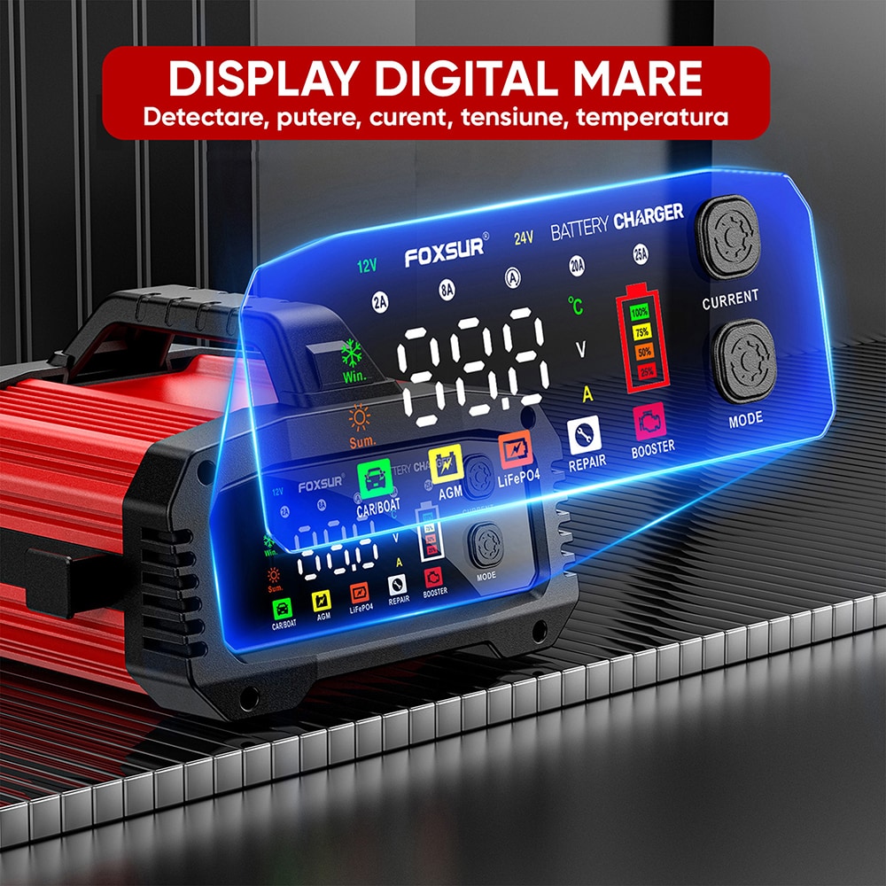 Redresor auto FOXSUR 12250R, 12V 25A, 24V 25A, rosu