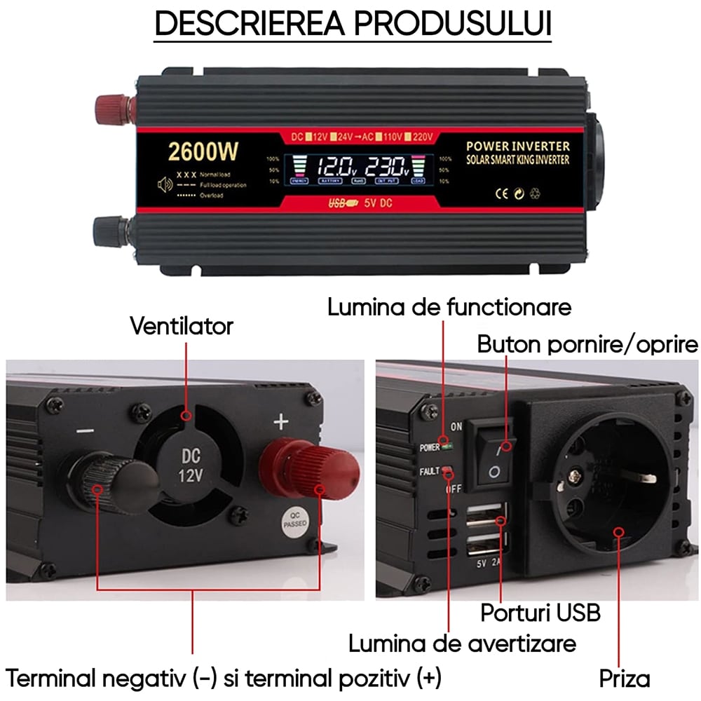 Invertor auto ROLL FAST 12600R, 12V, 220V, 1 x Schuko, 2 x USB, negru