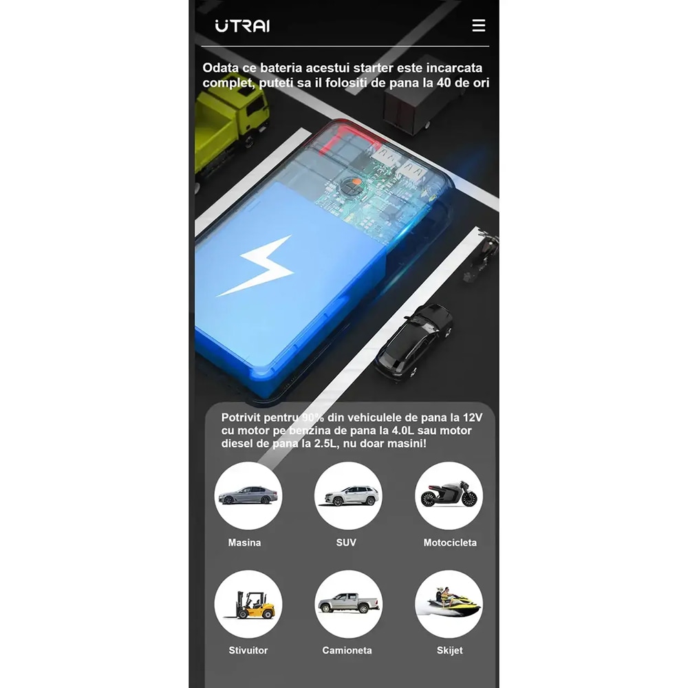Starter auto UTRAI Jstar Air, 12V, 1000A, 8000mAh, USB, Lanterna, negru