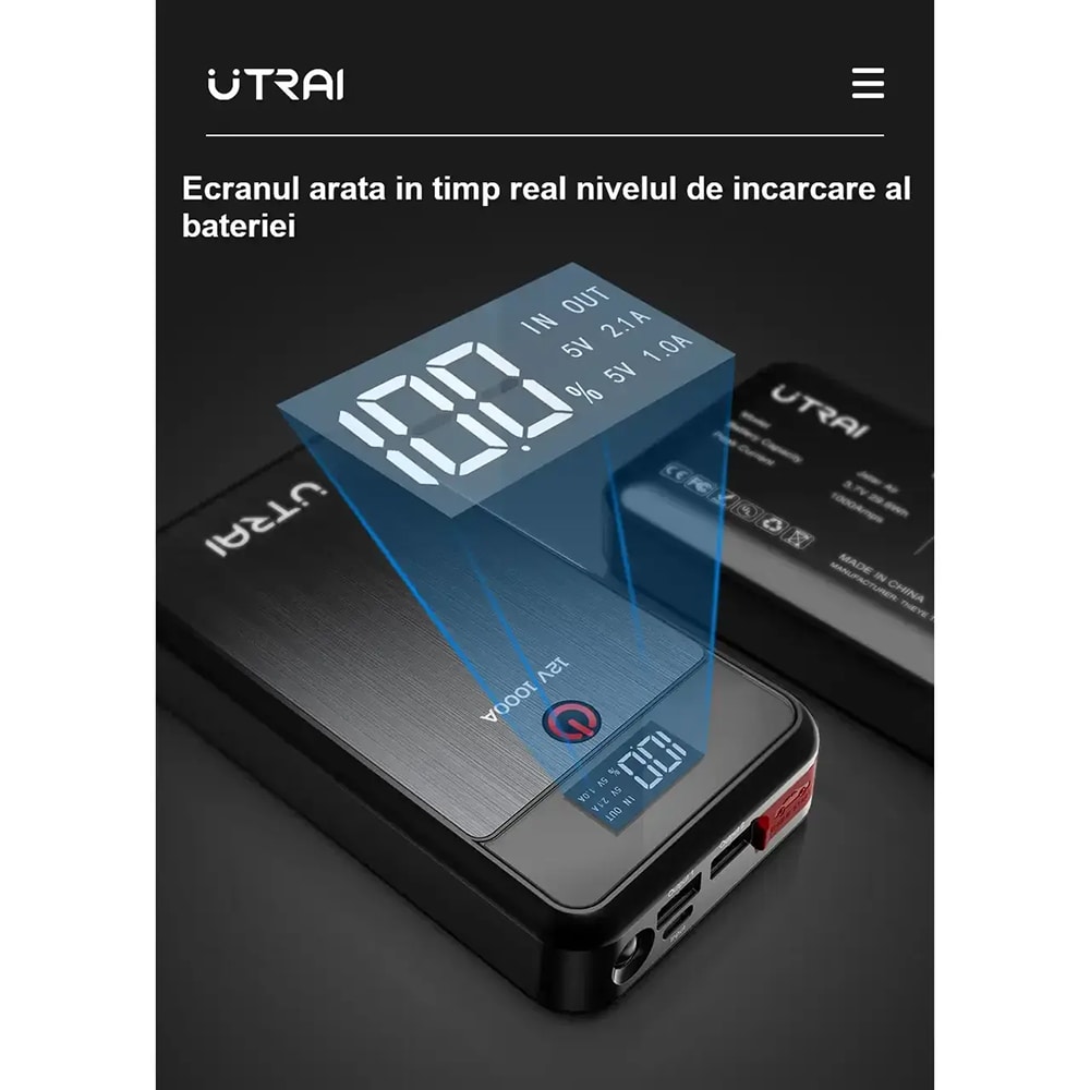 Starter auto UTRAI Jstar Air, 12V, 1000A, 8000mAh, USB, Lanterna, negru