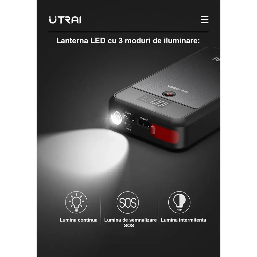 Starter auto UTRAI Jstar Air, 12V, 1000A, 8000mAh, USB, Lanterna, negru