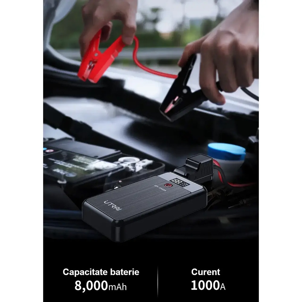Starter auto UTRAI Jstar Air, 12V, 1000A, 8000mAh, USB, Lanterna, negru