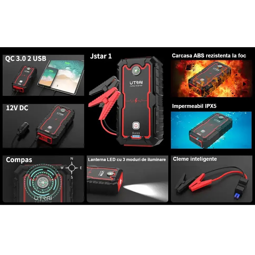 Starter auto UTRAI Jstar One, 12V, 2000A, 16000mAh, USB, Busola, Lanterna, negru