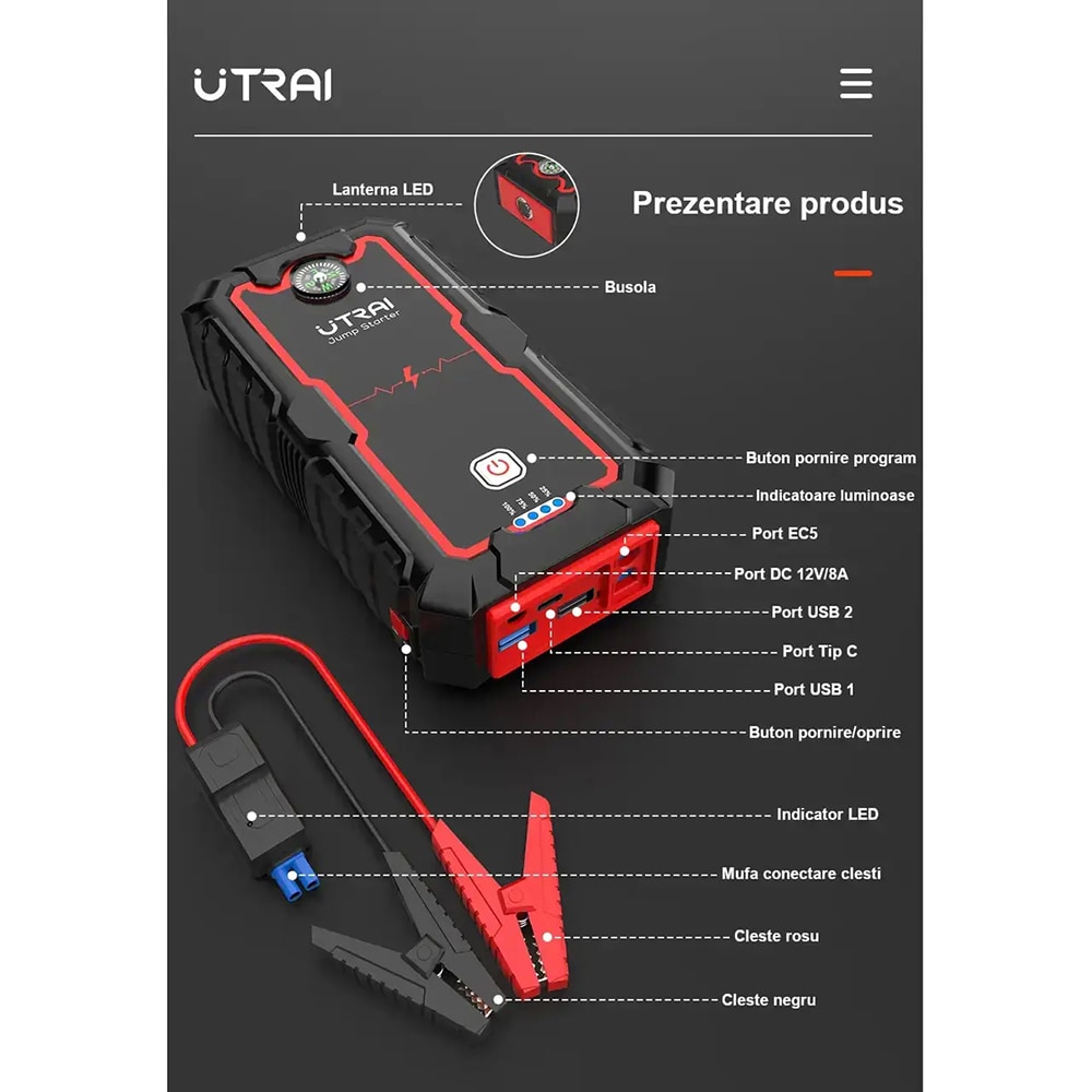 Starter auto UTRAI Jstar One, 12V, 2000A, 16000mAh, USB, Busola, Lanterna, negru