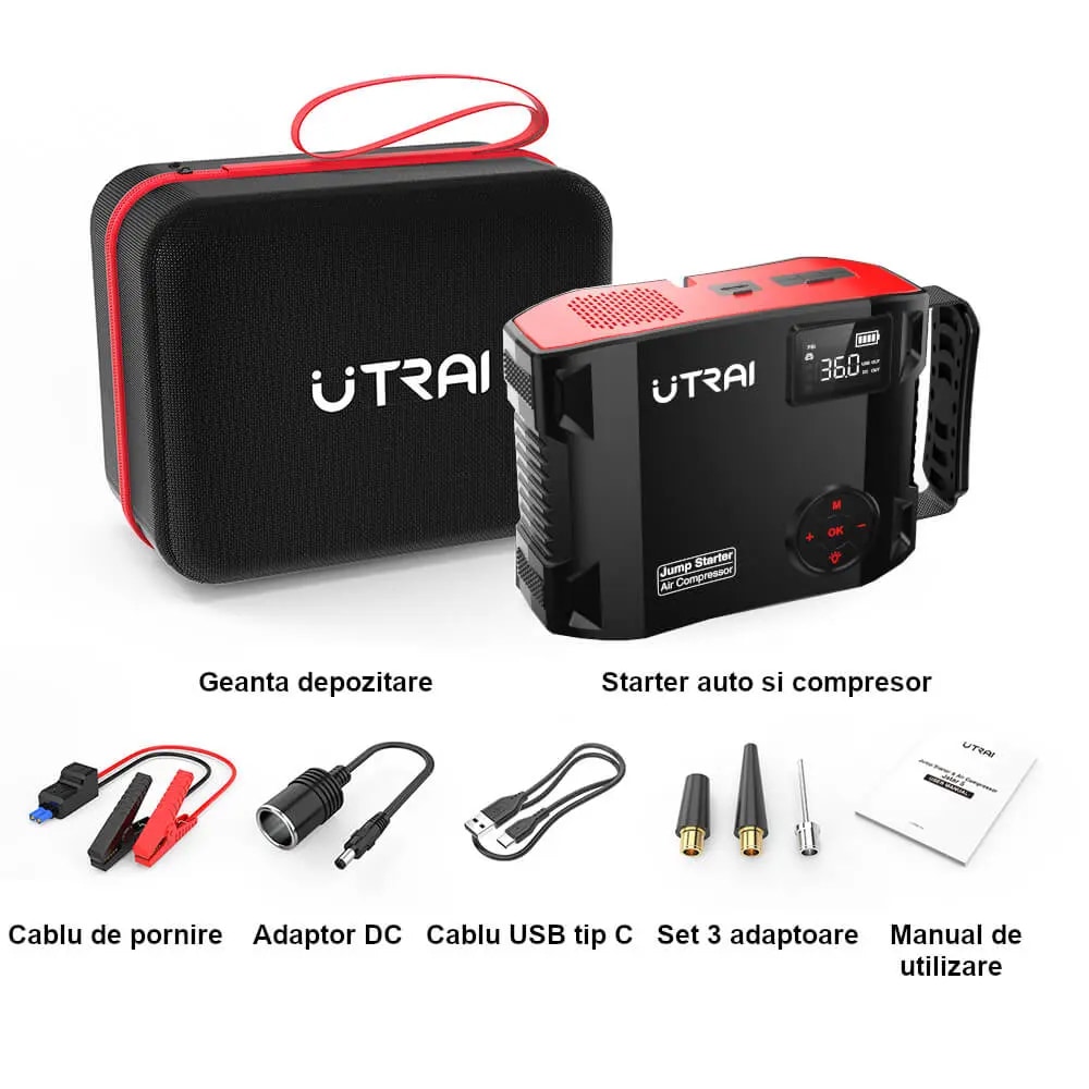 Starter auto UTRAI Jstar 5, 12V, 2500A, 27000mAh, USB, compresor, lanterna, negru