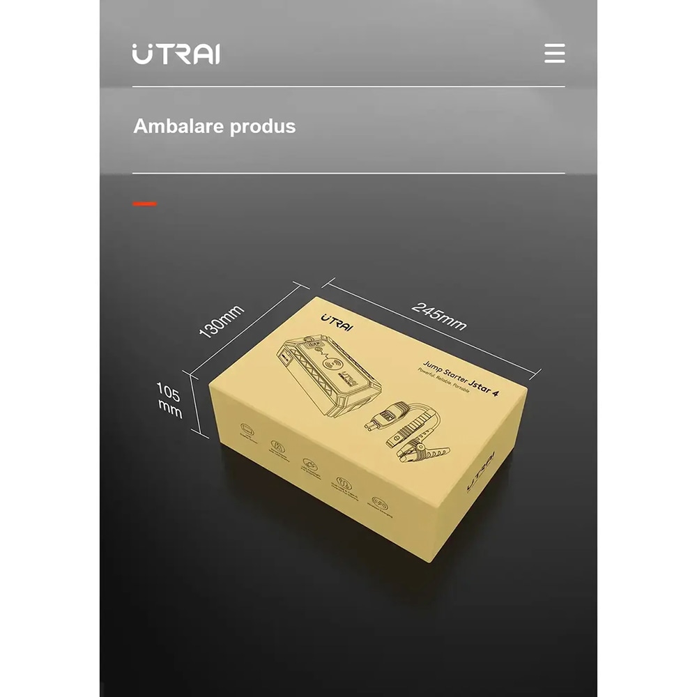 Starter auto UTRAI Jstar 4, 12V, 2500A, 24000mAh, Lanterna, Incarcare Wireless, Busola, negru