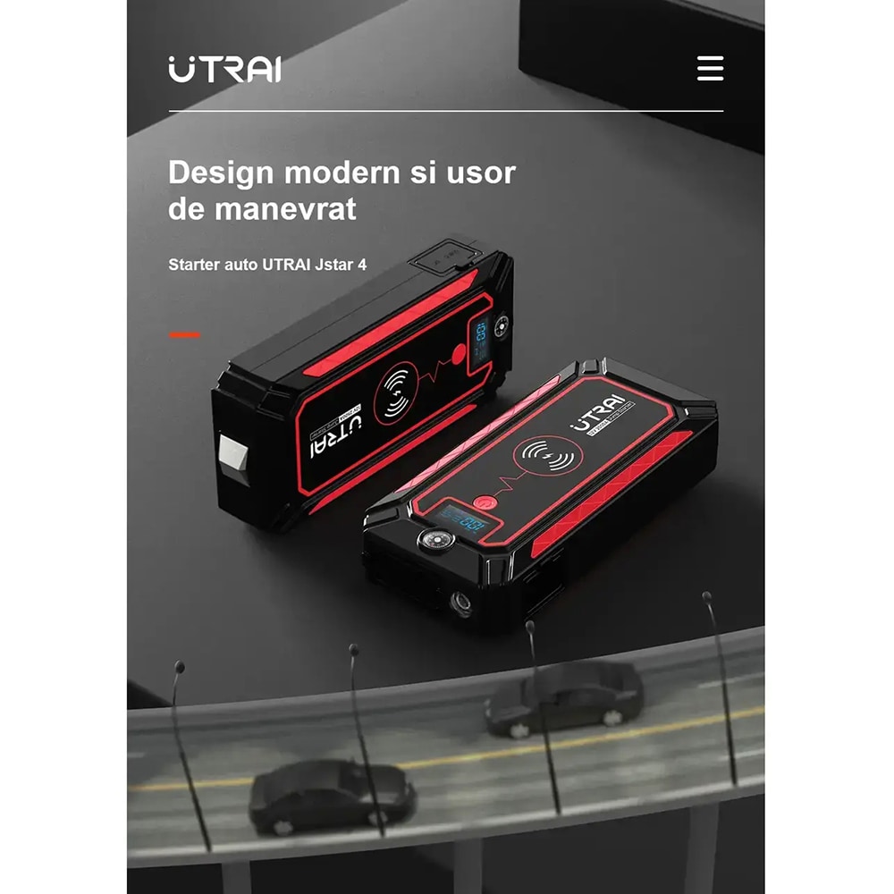 Starter auto UTRAI Jstar 4, 12V, 2500A, 24000mAh, Lanterna, Incarcare Wireless, Busola, negru