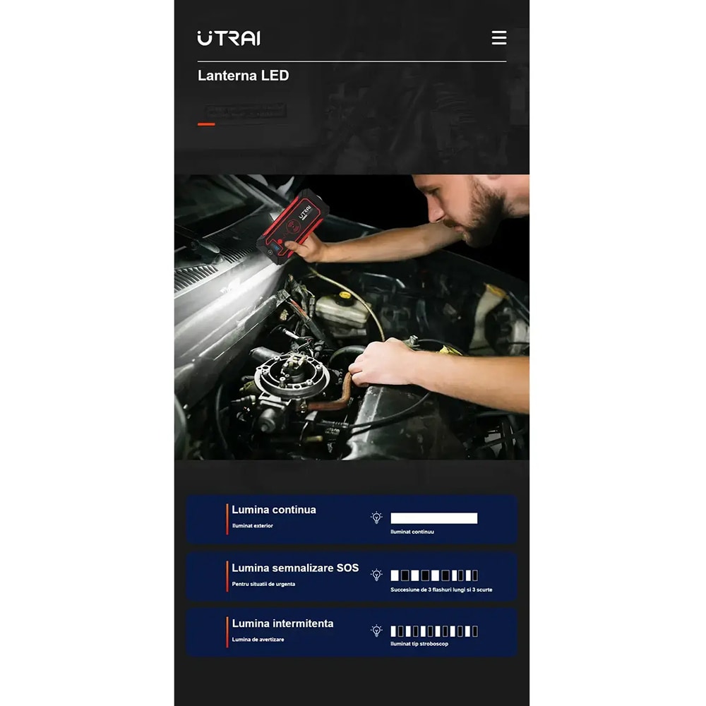 Starter auto UTRAI Jstar 4, 12V, 2500A, 24000mAh, Lanterna, Incarcare Wireless, Busola, negru