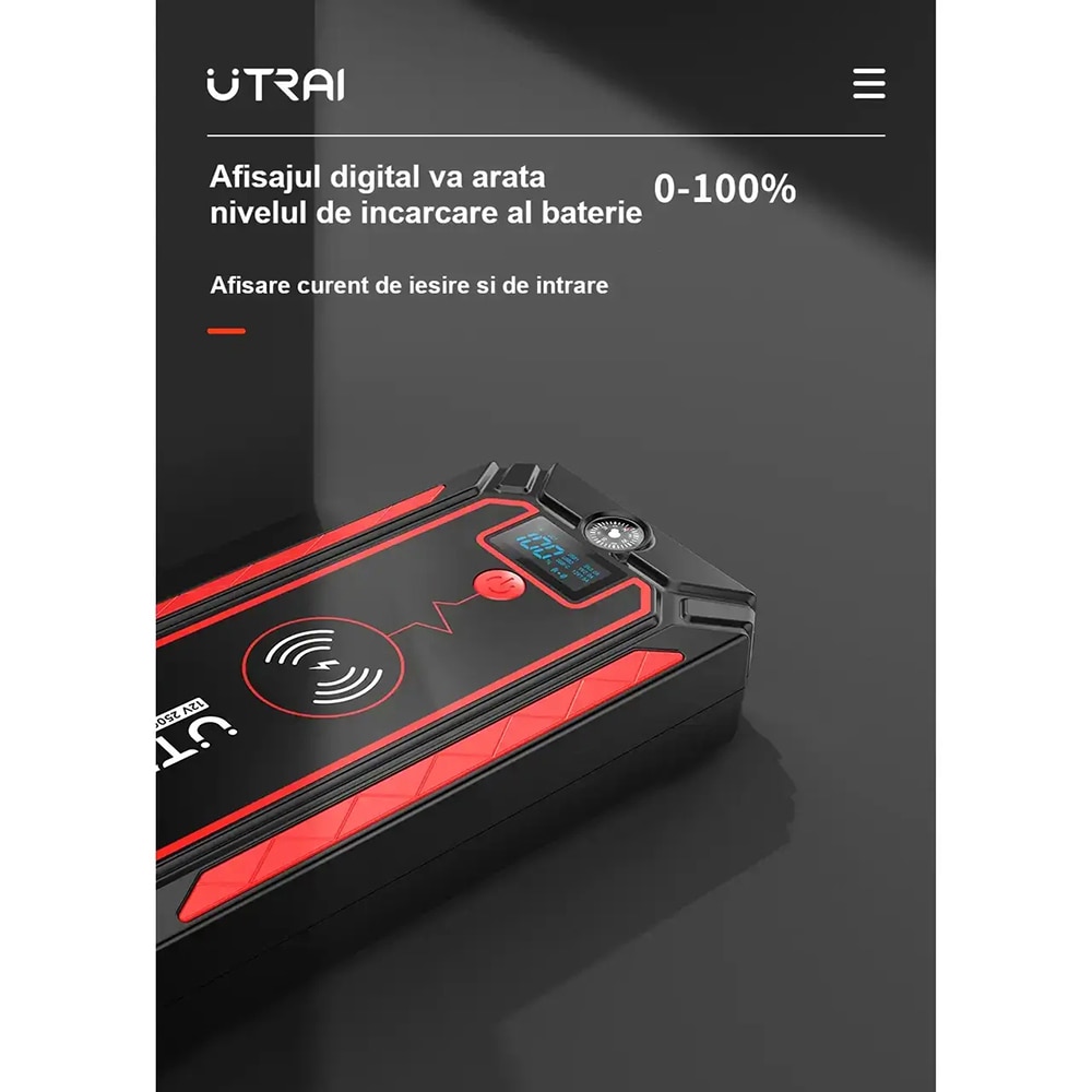 Starter auto UTRAI Jstar 4, 12V, 2500A, 24000mAh, Lanterna, Incarcare Wireless, Busola, negru