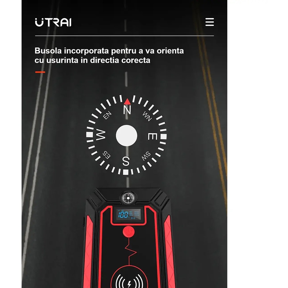 Starter auto UTRAI Jstar 4, 12V, 2500A, 24000mAh, Lanterna, Incarcare Wireless, Busola, negru