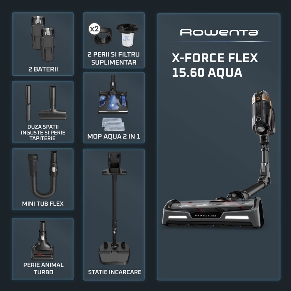 Aspirator vertical ROWENTA X-Force Flex 15.60 Aqua RH99G3WO, 0.9l, 32.4V, autonomie max 80 min, negru