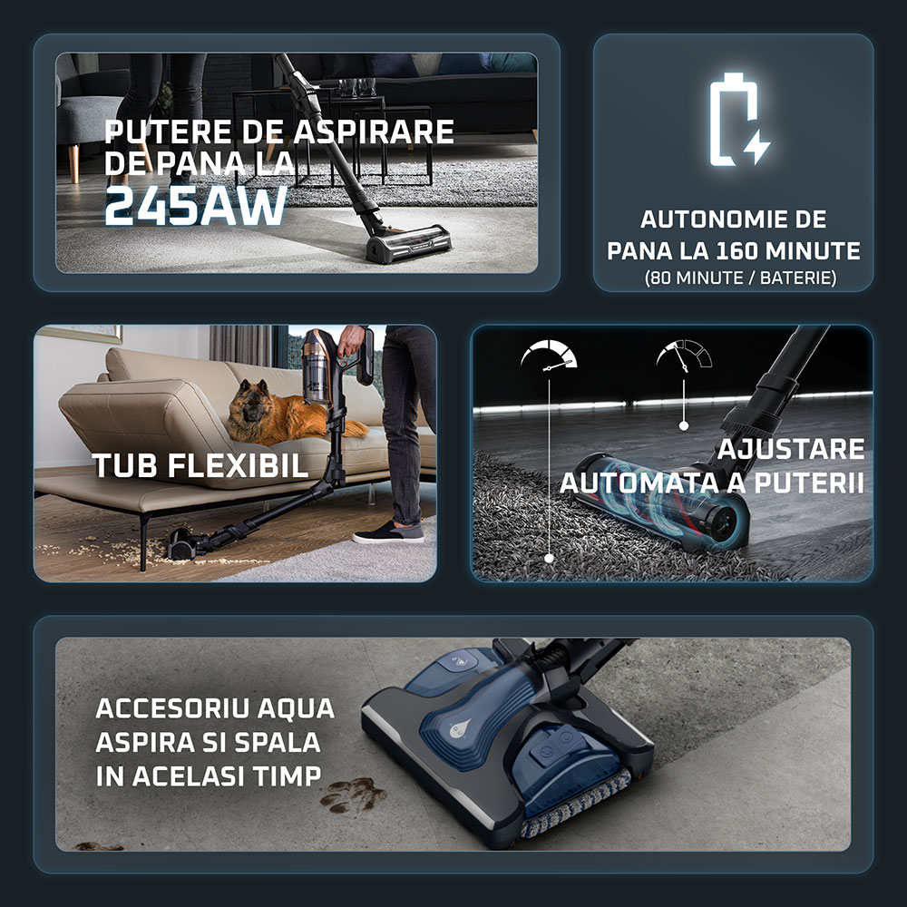Aspirator vertical ROWENTA X-Force Flex 15.60 Aqua RH99G3WO, 0.9l, 32.4V, autonomie max 80 min, negru