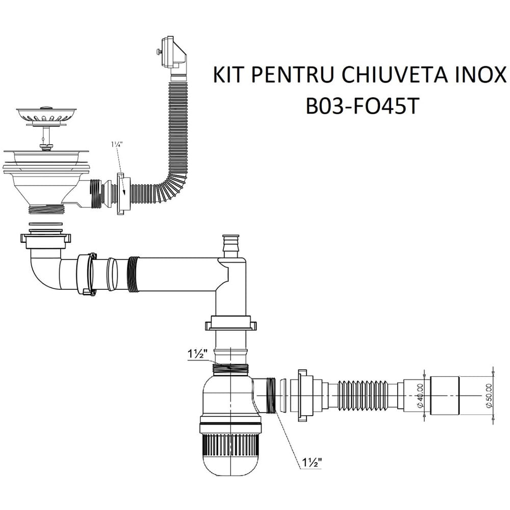Kit scurgere chiuveta B03 FO45T, plastic si inox, alb