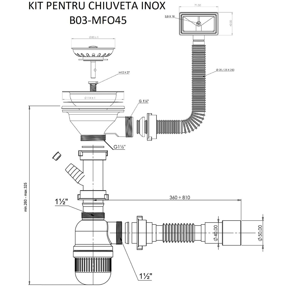 Kit scurgere chiuveta B03 MFO45, plastic si inox, alb