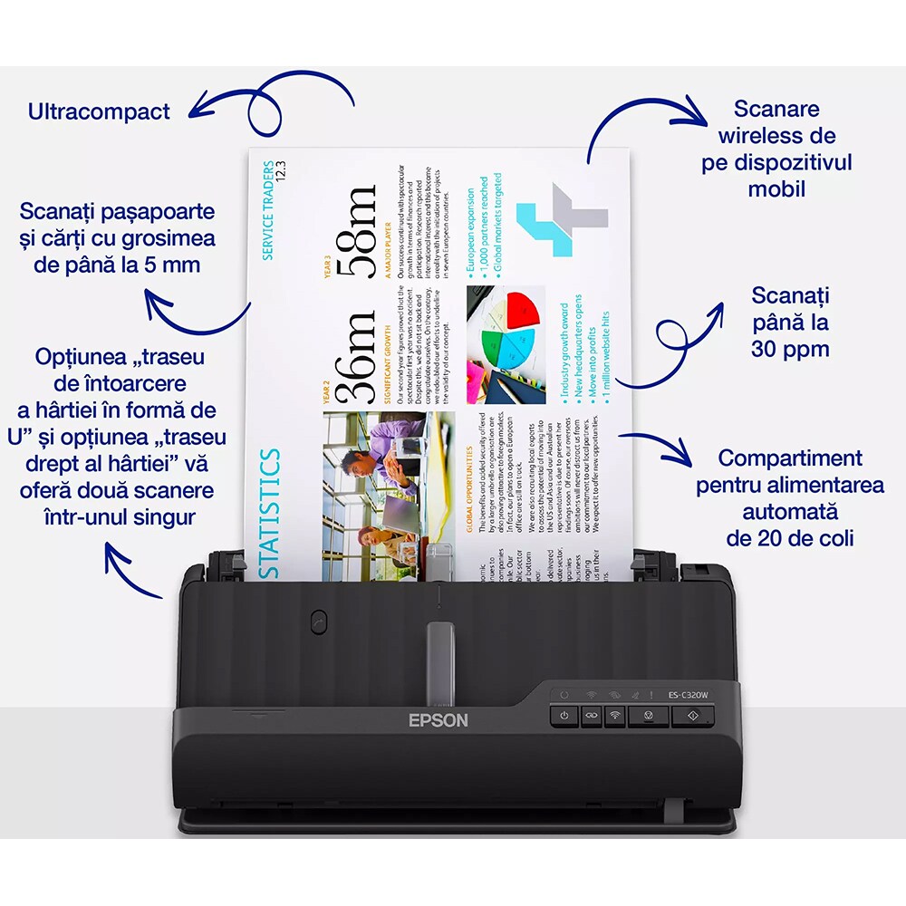 Scanner EPSON ES-C320W, A4, USB, Retea, Wi-Fi, negru