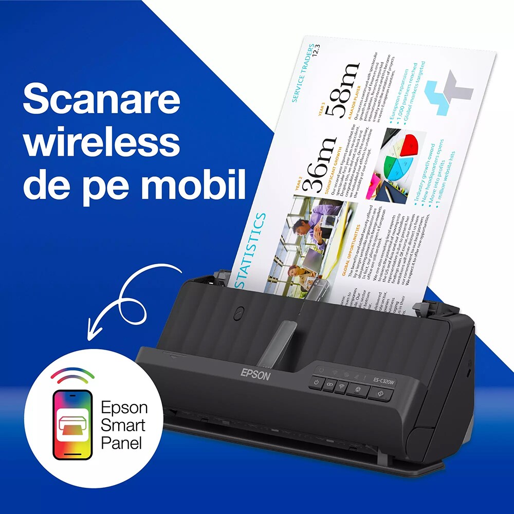 Scanner EPSON ES-C320W, A4, USB, Retea, Wi-Fi, negru