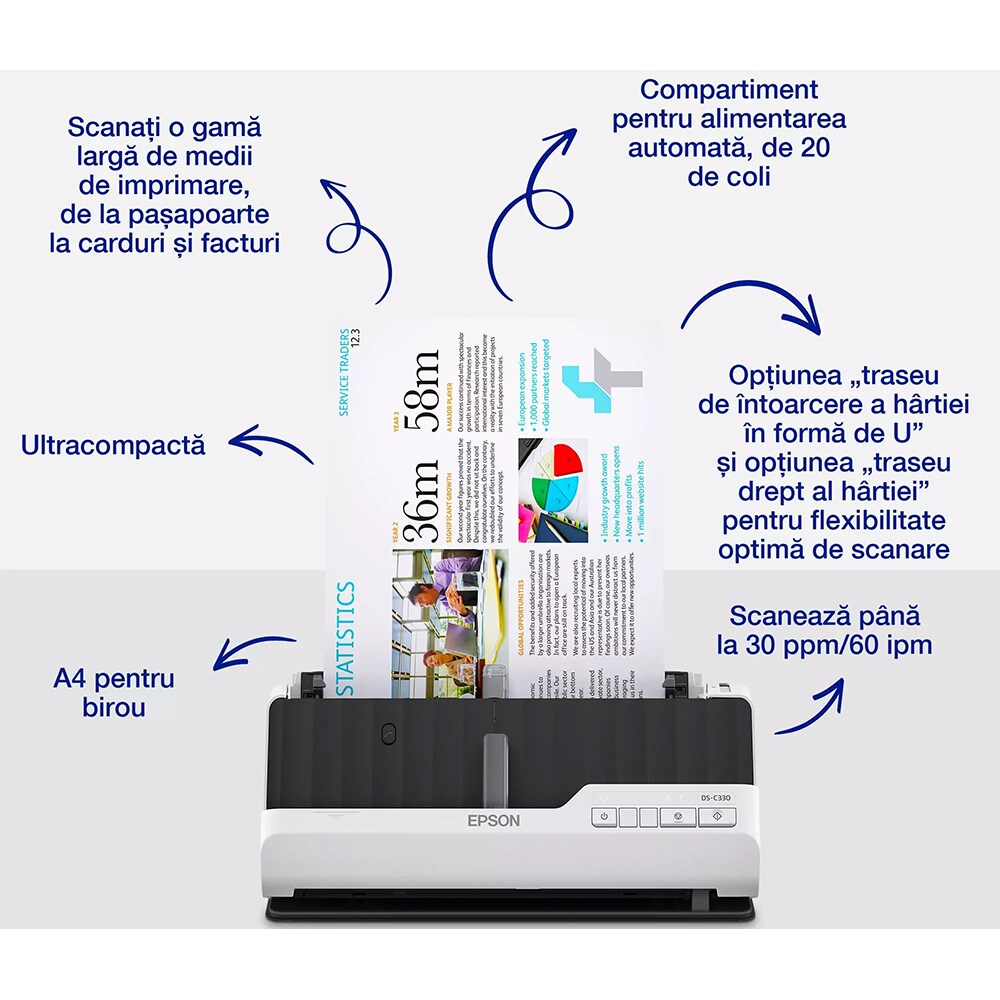 Scanner EPSON DS-C330, A4, USB, alb-negru