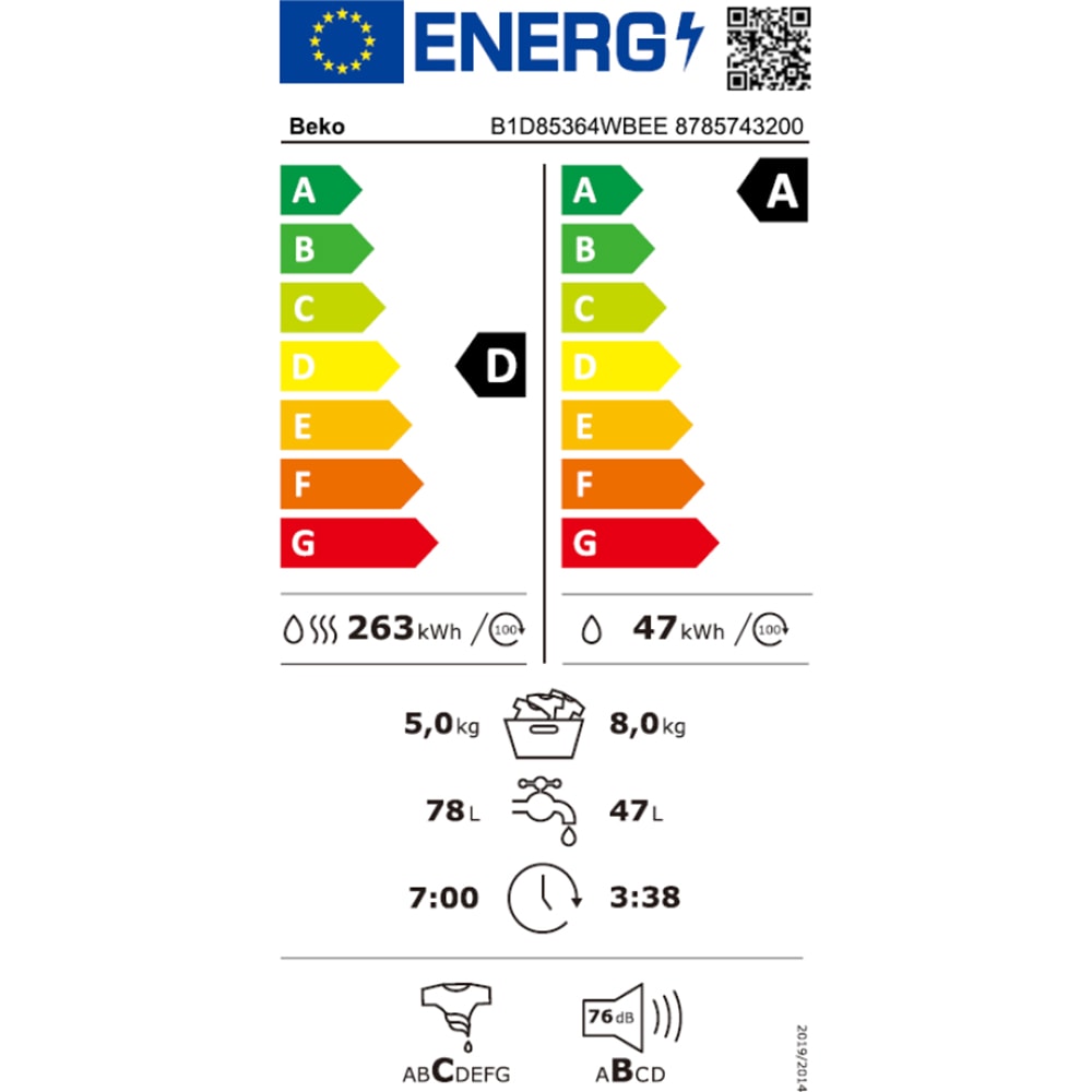Masina de spalat rufe frontala cu uscator BEKO B1D85364WBEE, SteamCure, 8/5 kg, 1400rpm, Clasa A/D, alb
