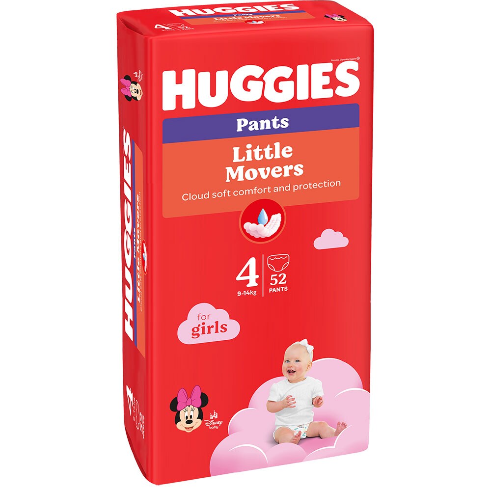 Scutece chilotel HUGGIES Little Movers Mega nr 4, Fata, 9-14 kg, 52 buc