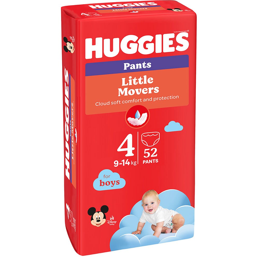 Scutece chilotel HUGGIES Little Movers Mega nr 4, Baiat, 9-14 kg, 52 buc