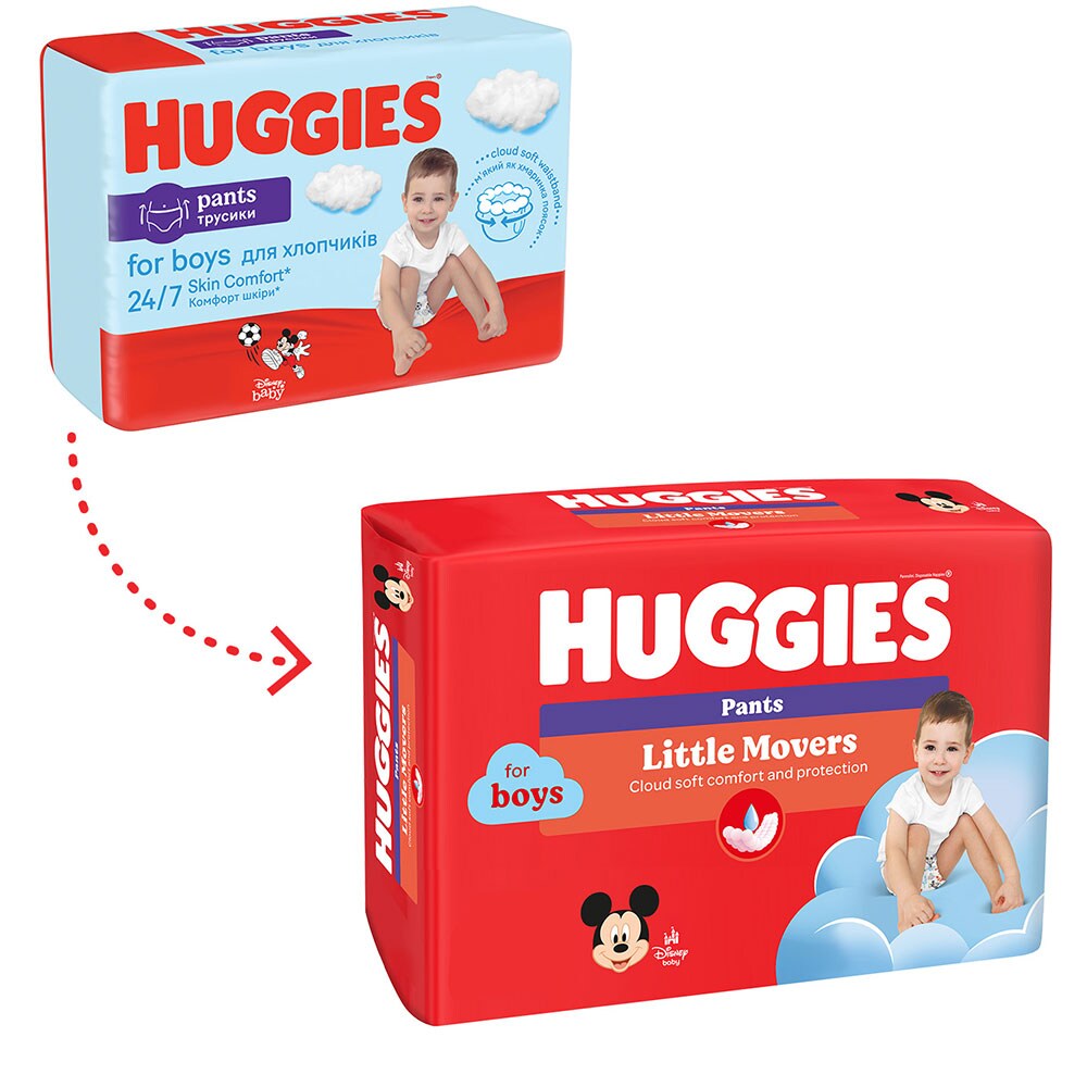 Scutece chilotel HUGGIES Little Movers Mega nr 4, Baiat, 9-14 kg, 52 buc