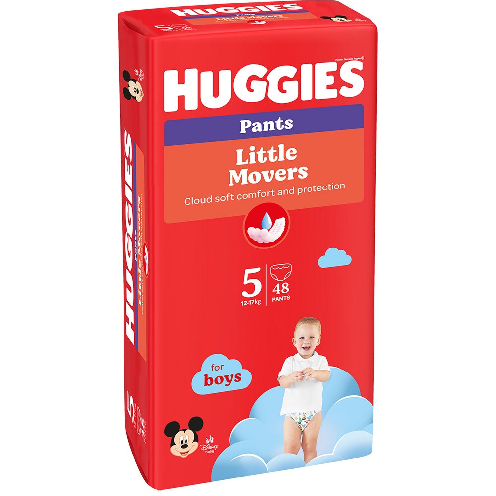 Scutece chilotel HUGGIES Little Movers Mega nr 5, Baiat, 12-17 kg, 48 buc