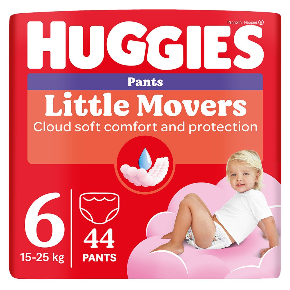 Scutece chilotel HUGGIES Little Movers Mega nr 6, Fata, 15-25 kg, 44 buc