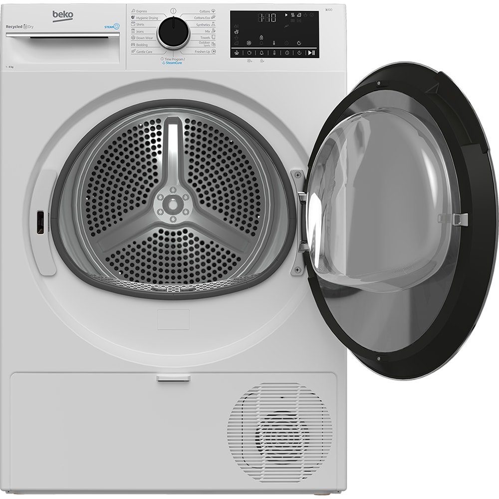 Uscator de rufe BEKO B3T48233W EU, Aquawave, Pompa de caldura, 8 kg, 15 programe, Clasa D, alb