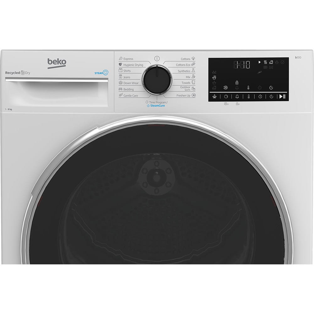 Uscator de rufe BEKO B3T48233W EU, Aquawave, Pompa de caldura, 8 kg, 15 programe, Clasa D, alb